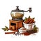Retro, vintage spice mill with transparent container, and detailed depiction of cinamon.