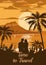 Retro Vintage style travel poster or sticker. Tropical island paradise couple of lovers sunset, ocean, beach and palm