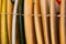 Retro vintage surfboards lined up in a local surf shop