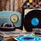 Retro vinyl analog music collection of records and tapes