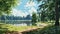 Retro Visuals: Green Grass Lawn And Lake Painting In Anime Aesthetic