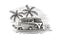 Retro wagon near sea and palms monochrome illustration. Vector.