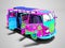 Retro wagon purple in graphics with blue salon for trips to the