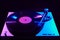 Retro wave, 80s. Record player with neon light. Vinyl analog turntable. Synthwave and vaporwave concept