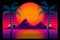 Retro wave city background. Neon night landscape with a futuristic city in the style and aesthetics of the 80s and 90s