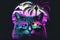 Retro wave synth vaporwave portrait of a cat in sunglasses with palm trees reflection. Generative AI
