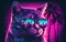 Retro wave synth vaporwave portrait of a cat in sunglasses with palm trees reflection. Generative AI