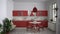 Retro white and red vintage kitchen with terrazzo marble floor, panoramic windows, dining room, round table with wooden chairs,