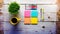 Retro white wooden table with empty colorful sticky notes