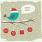 Retro winter card with cute bird