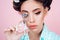 Retro woman with fashion makeup and hair. happy girl grooming in morning. Pin up girl. vintage housewife woman curl