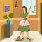 Retro woman mopping house