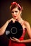 Retro woman with music vinyl record . Pin-up retro female style