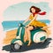 Retro woman riding scooter