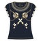 Retro woman t-shirt print design embroidery of heraldic key and chain gold blue color. Fashion necklace.