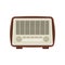 Retro wooden radio with buttons and two settings knobs. Old music player. Vintage device. Flat vector icon