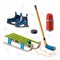 Retro wooden sled, stick, puck, hockey skates, thermos. Children sledding isolated on white. Winter outdoor games and