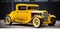 Retro, yellow hot-rod with wide whitewalled tires. Generative AI