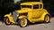 Retro, yellow hot-rod with wide whitewalled tires. Generative AI