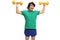 Retro young guy exercising with dumbbells