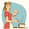 Retro young woman cooking soup in her kitchen room.Vector color