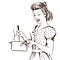 Retro young woman in retro clothes cooking soup in her kitchen r