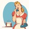 Retro young woman talking on phone in her kitchen.Vector color i