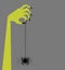 Retro zombie hand holding creepy swinging spider, with space for text.