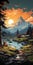 Retrofire Camping Poster: Scenic View Of Lake With Sunrise Over Mountain
