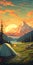 Retrofire Rocket Camping Poster: Scenic Grassland Landscape With Mountains And Tent