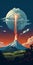 Retrofire Rocket Camping Poster With Scenic Volcano View