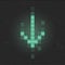 Retrofuturistic glitch arrow to down. Green glowing digital pointer. 8 bit pixel arrow. Cyberpunk glowing design element