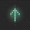 Retrofuturistic glitch up arrow. Green glowing digital pointer. 8 bit pixel arrow. Cyberpunk glowing design element for