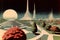 Retrofuturistic landscape in 80s sci-fi style. Retro science fiction scene with futuristic buildings. Generated AI.