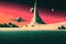 Retrofuturistic landscape in 80s sci-fi style. Retro science fiction scene with futuristic buildings. Generated AI.