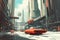 Retrofuturistic landscape in mid-century sci-fi style. Retro science fiction scene with futuristic city buildings