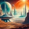 Retrofuturistic landscape in Retro science fiction scene with futuristic Generated