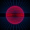 Retrofuturistic red hologram circle, HUD element on dark starry space background with blue laser grids.