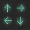 Retrofuturistic set of glitch arrows. Green glowing digital pointers. 8 bit pixel arrows. Cyberpunk glowing design