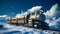 Retrofuturistic Steampunk Train in High-Speed Motion, snow, generative ai