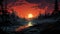 Retroselector 8-bit Cedar Forest Wallpaper With Fiery Sunset