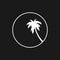 Retrowave aesthetics, the composition of a circle with beach palm tree silhouette. Synthwave black and white composition