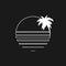 Retrowave aesthetics, the composition of a line circle with beach palm tree silhouette. Synthwave black and white 1980s