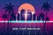 Retrowave banner vaporwave aesthetic background. Futuristic city palms grid 3d, sunset 80 s Synthwave