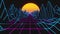 Retrowave horizon landscape with neon lights and low poly terrain. 80s retro background loop animation.