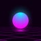 Retrowave illustration glowing vivid blue pink sphere float in the space with laser grid. Eps 10