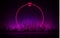 Retrowave night city with laser grid and big neon circle on background. Futuristic cityscape with glowing neon pink and