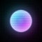 Retrowave style striped sun with blue and pink glowing in starry space with laser grid. Vaporwave, synthwave, retrowave