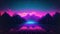 Retrowave style sunset landscape with mountains, trees and water like reflective surface