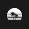 Retrowave sun, sunset or sunrise 1980s style with palm tree silhouettes. Black and white sun with stripes and palm tree
